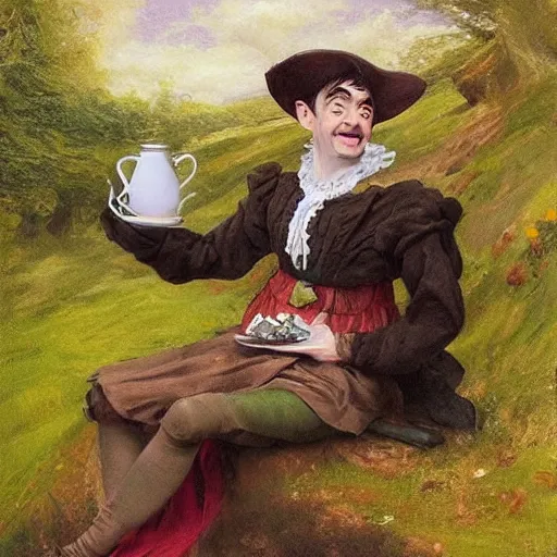 Image similar to 18th century elf princess (Mr. Bean), mouth wide open, is ((drinking a cup of tea)). fantasyconcept art, inspired by John Everett Millais's Ophelia