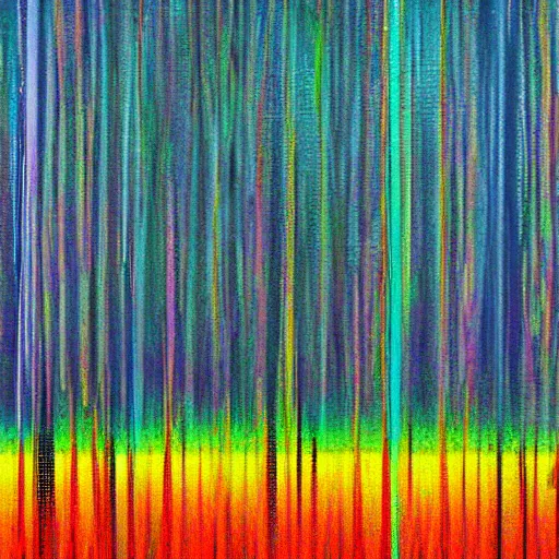 Prompt: Glitchy painting of a field with trees in it, vertical glitch lines, glitch art