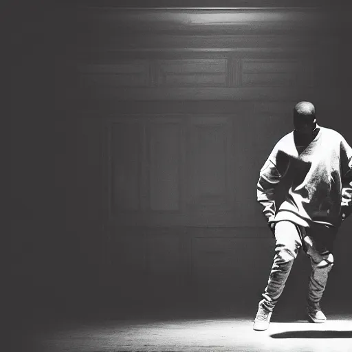 Prompt: kanye west dancing in an abandoned mansion, ominous lighting, realistic, elegant, beautiful, 4 k, sad.