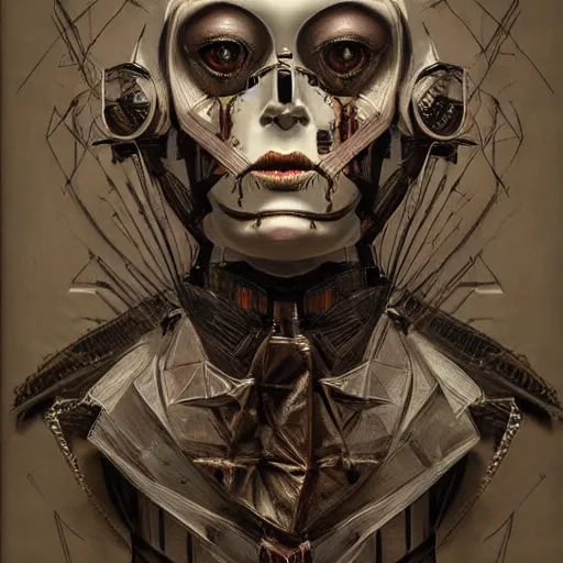 Image similar to symmetrical semi - realistic modern art deco mysterious creepy portrait of automaton fearful in the style of michael hussar highly detailed sharp focus