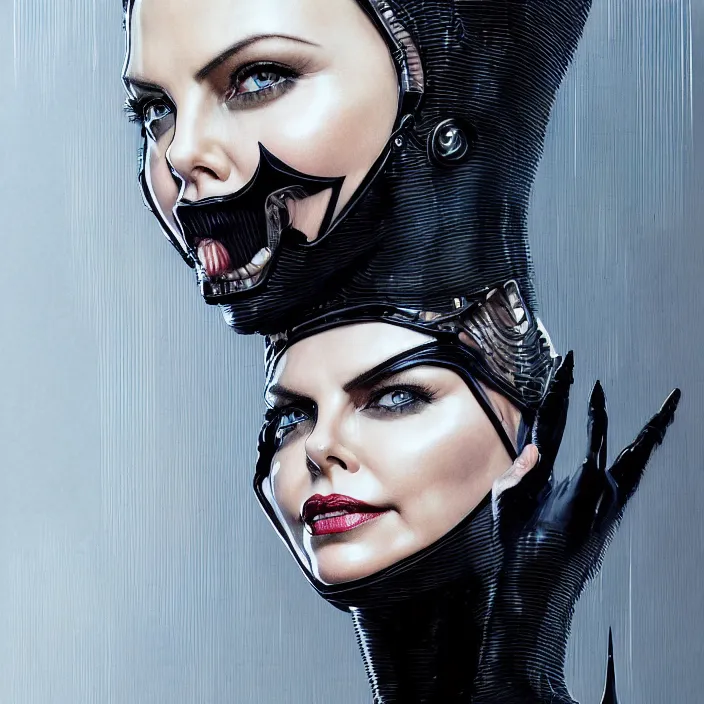 Image similar to portrait of charlize theron as a catwoman. batman 1 9 8 9. intricate abstract. intricate artwork. by tooth wu, wlop, beeple, dan mumford. octane render, trending on artstation, greg rutkowski very coherent symmetrical artwork. cinematic, hyper realism, high detail, octane render, 8 k, iridescent accents. michelle pfeiffer