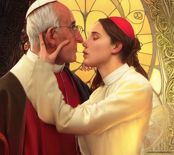 Image similar to photography of a pope kissing the breast of a sensual woman, deep focus, intricate, elegant, highly detailed, digital painting, artstation, concept art, matte, sharp focus, illustration, art by artgerm and greg rutkowski and alphonse mucha