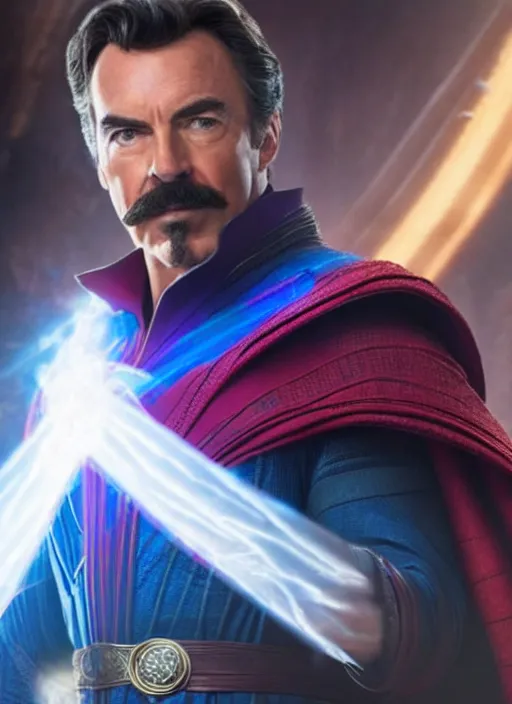 Image similar to film still of tom selleck as doctor strange in avengers endgame, 4 k