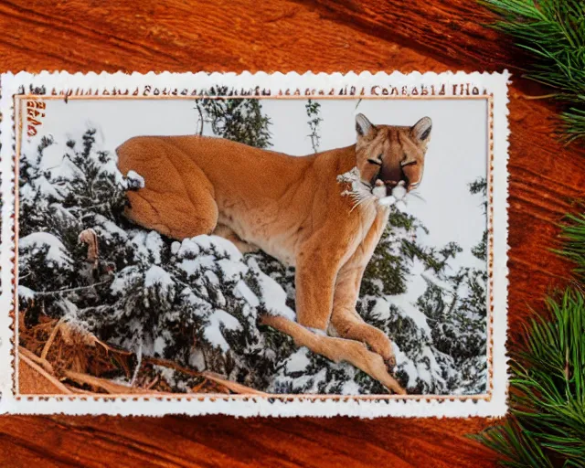 Prompt: postcard showing 'a cougar sleeping in the middle of snowy pine tree' laying on coffee table with stamp and damaged due to age, zoomed out shot, HD, iphone capture