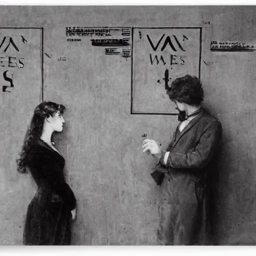 Image similar to a man and a woman solving an escape room puzzle, mysterious markings on the wall, by alfred stevens