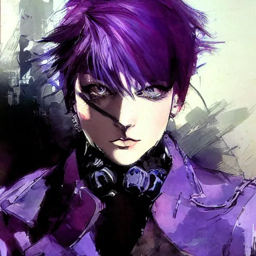 Prompt: purple - haired small beautiful woman with blue eyes, yoji shinkawa