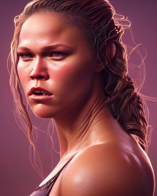 Prompt: gorgeous ronda rousey, beauty portrait, ornate, chocolate. highly detailed, intricate background, complex 3 d render by ilya kuvshinov, artgerm, simon stalenhag, thomas kinkade, victo ngai. unreal engine, blender, octane, ray tracing. luminous, sharp focus, masterpiece, post processing, deviantart