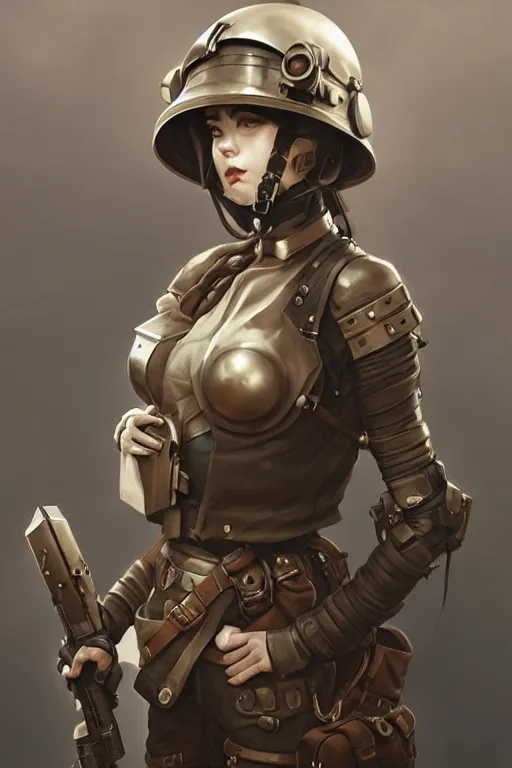 Image similar to dieselpunk soldier girl, helmet, shoulders, chest, portrait, armored, highly detailed, sharp focus, art, illustrations by wlop and ayanamikodon and irakli nadar and loish and rossdraws