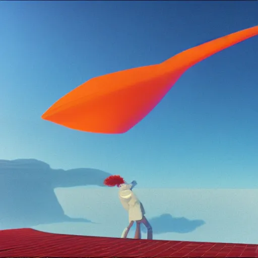 Image similar to flying, man, octane render, water, orange sky moebius by jean giraud