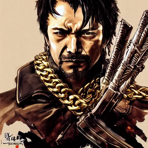 Prompt: portrait of a hero holding his sword in front of his face by yoji shinkawa, high quality, extra details, realism, ornate, colored, golden chain, blood, white skin, short hair, brown eyes, vivid, sunlight, dynamic, american man, freedom, handsome, dynamic lighting, dimensions, dimensional