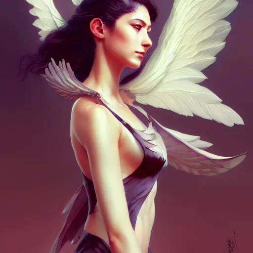 Prompt: 3 / 4 view of a portrait of beautiful woman with wings, confident pose, pixie, genshin impact, high quality, intricate, elegant, sharp focus, illustration, highly detailed, concept art, matte, trending on artstation, art by wlop and artgerm and greg rutkowski, h 6 4 0