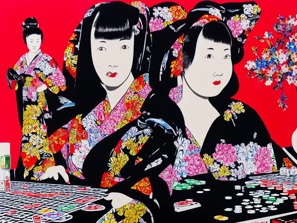 Image similar to hyperrealism composition of the detailed woman in a japanese kimono sitting at an extremely detailed poker table with darth vader, shiba inu, fireworks on the background, pop - art style, jacky tsai style, andy warhol style, acrylic on canvas