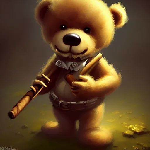 Image similar to cute little anthropomorphic Teddy Bear smoking a cigar, cover art, ultra wide lens shot , tiny, small, short, cute and adorable, pretty, beautiful, DnD character art portrait, matte fantasy painting, DeviantArt Artstation, by Jason Felix by Steve Argyle by Tyler Jacobson by Peter Mohrbacher, cinematic lighting