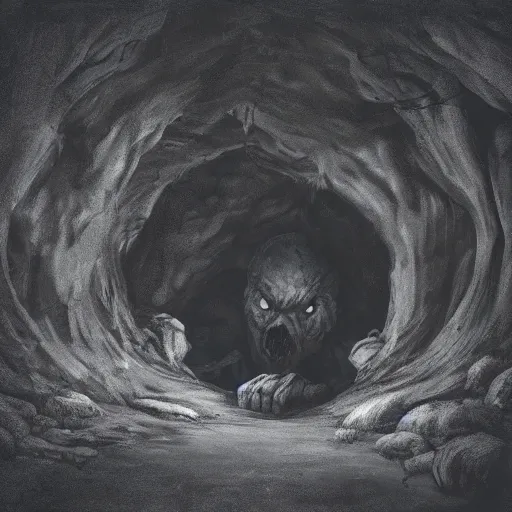 Image similar to monster peering out of a cave, dark lighting, horror, realistic,