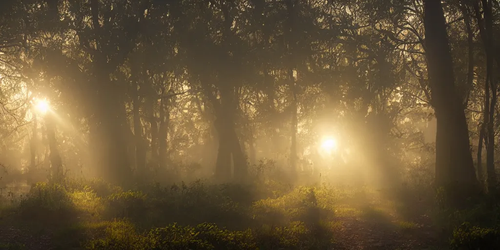 Image similar to misty swamp, hazy fog, sundown golden hour, early morning dance, fireflies and sparkling wisps, sun rays through trees, Lilia Alvarado, Sophie Anderson, Mark Arian, Bob Byerley, Charlie Bowater, Mark Brooks, Steve Henderson, Justin Gerard, Arthur Hughes, Edward Robert Hughes, Mark Keathley, Victor Nizovtsev, Carlos Shwabe, Ross Tran, WLOP