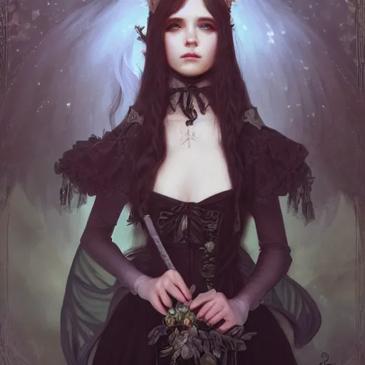 Prompt: portrait of a gothic lolita, D&D, fantasy, intricate, elegant, highly detailed, soft lighting, soft mood, digital painting, artstation, smooth, sharp focus, illustration, art by Tia Kratter, Katherine Sarafian, artgerm and greg rutkowski and alphonse mucha