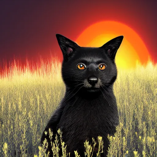 Prompt: a closeup photorealistic photograph of a black cute adult cat sitting on 4 paws next to a black and white racoon in a field of colza with a red sunset in the background. This 4K HD image is Trending on Artstation, featured on Behance, well-rendered, extra crisp, features intricate detail and the style of Unreal Engine.