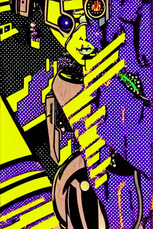 Image similar to futuristic japanese cyberpunk by roy lichtenstein, by andy warhol, ben - day dots, pop art, bladerunner, pixiv contest winner, cyberpunk style, cyberpunk color scheme, mechanical, high resolution, hd, intricate detail, fine detail, 8 k