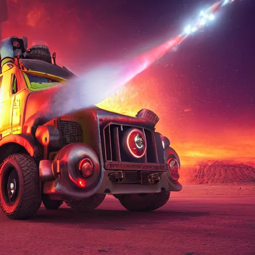 Image similar to A dieselpunk ogre truck with red flames and guns sticking out of it, jet engines with fire and sparks from the back of the trunk in deep space, lush vivid soft colors of sun set, hosing battering ram on front on truck, filigree planets in a stellar nebula, a small Ogre driver , DSLR, HDR, octane render, 3d shading, cgsociety, Horde3d, ambient occlusion, volumetric lighting, ray tracing, 3dexcite, Zbrush, Substance Designer, behance HD, lightWave 3d, Ureal Engine , Monet painting by Kait Kybar