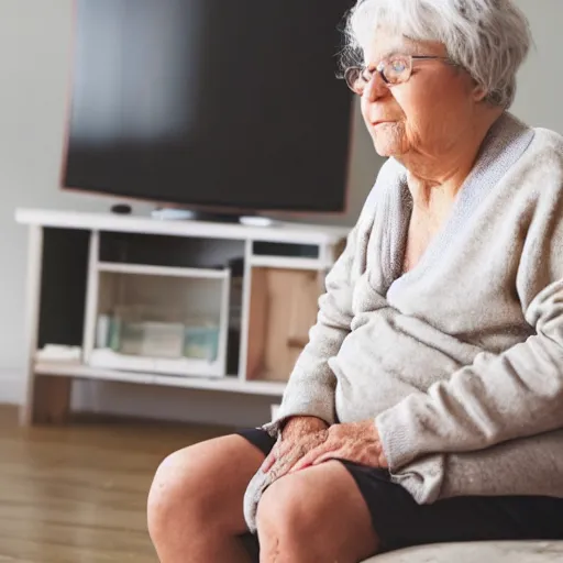 Prompt: an old lady watching a fat person on tv, photography, living room,