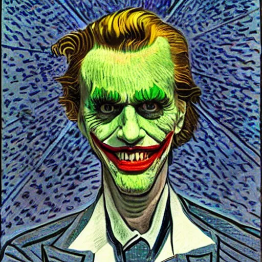 Image similar to portrait of the joker, mash - up between mc escher and vincent van gogh