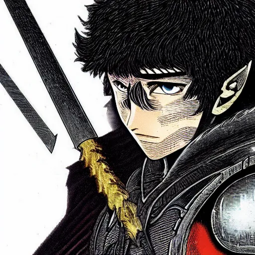 Image similar to an up close ultra detailed panel from berserk of guts wearing his berserker armor with his eyes glowing red, berserk manga, colored manga panel