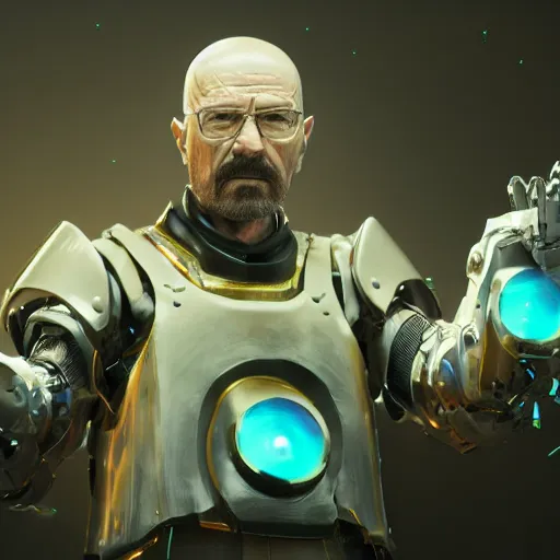 Image similar to Walter White firing lasers from his cybernetic battle armor, highly detailed, centered, concept art, 8k octane render