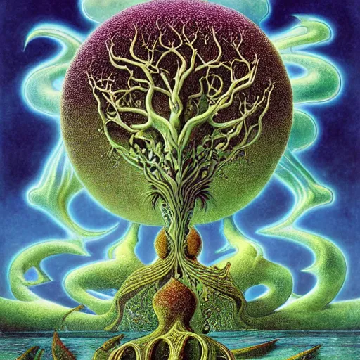 Image similar to sacred mulberry tree by roger dean and andrew ferez, art forms of nature by ernst haeckel, divine chaos engine, symbolist, visionary, art nouveau, botanical fractal structures, tree of life, lightning bolts, heimat, detailed, realistic, surreality