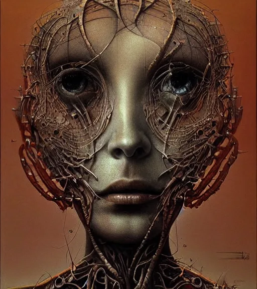 Image similar to beautiful portrait of face of biomechanical woman by zdislaw beksinski, beautiful, masterpiece, award - winning, complex