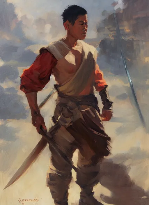 Image similar to greg manchess portrait painting of a filipino man holding a sword sitting on a tank, asymmetrical, profile picture, organic painting, sunny day, matte painting, bold shapes, hard edges, street art, trending on artstation, by huang guangjian, gil elvgren, ruan jia, randy vargas, greg rutkowski