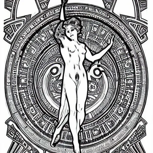 Image similar to a scifi line art pattern by alphonse mucha