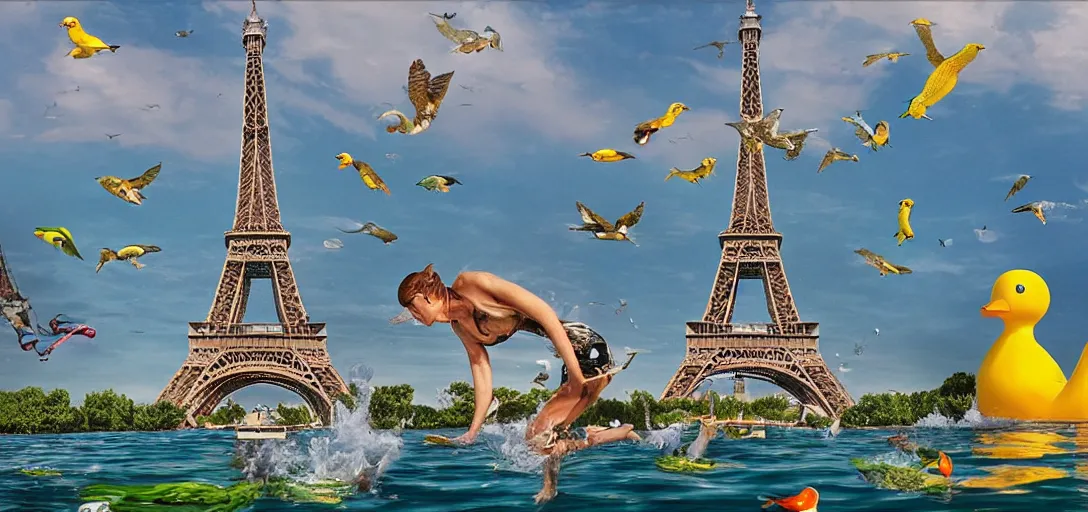 Prompt: super realistic, diver, Eiffel Tower, pond, rubber ducks, ultra high definition