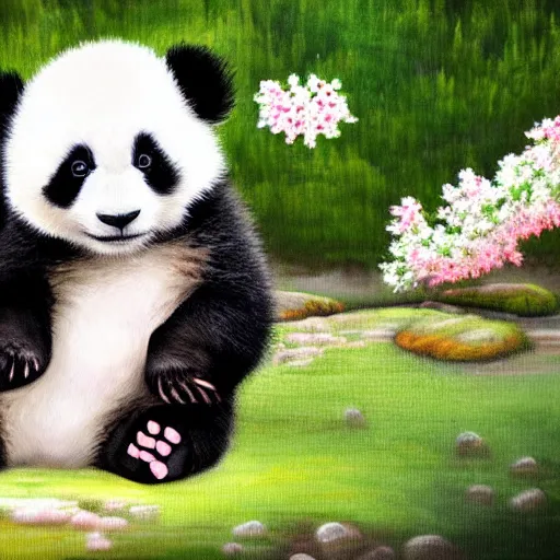 Image similar to cute fluffy happy baby panda cub playing in spring landscape with lake and flowering trees detailed painting 4k