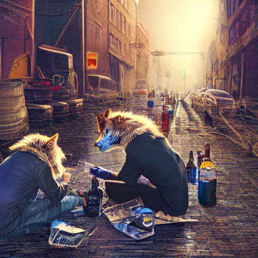 Image similar to photography of hobo artist drawing furries for booze on the dirty street. symmetry, awesome exposition, very detailed, highly accurate, intricate, professional lighting diffracted lightrays, studio photo, 8 k, sense of awe