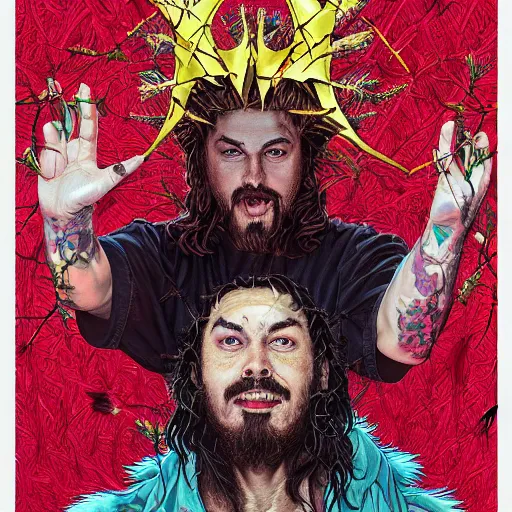 Image similar to portrait of crazy post malone as jesus with thorns crown, symmetrical, by yoichi hatakenaka, masamune shirow, josan gonzales and dan mumford, ayami kojima, takato yamamoto, barclay shaw, karol bak, yukito kishiro