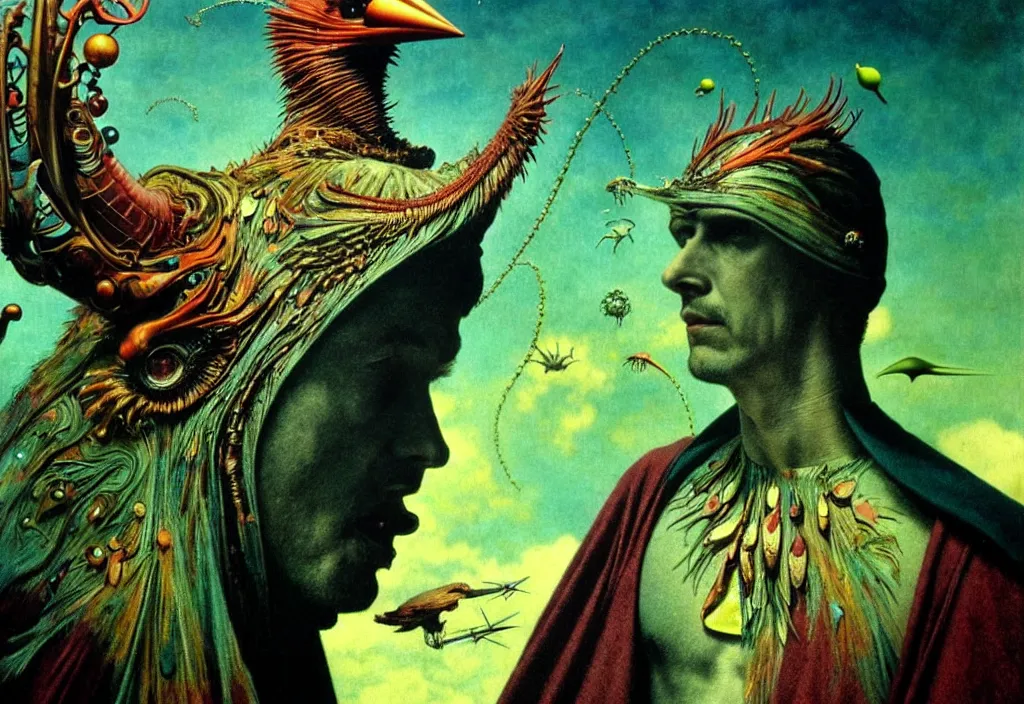 Image similar to realistic detailed portrait movie still of a birdman wearing dark robe, sci fi landscape background by denis villeneuve, amano, yves tanguy, alphonse mucha, max ernst, ernst haeckel, roger dean, masterpiece, rich moody colours, snarling dog teeth