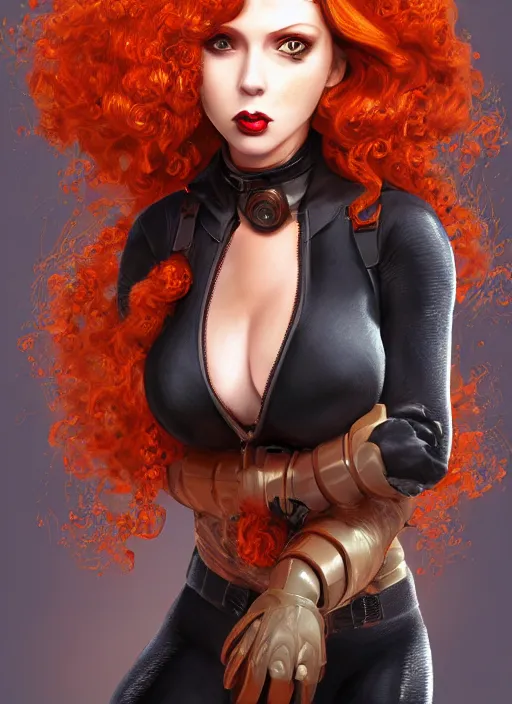 Prompt: biohazard portrait of black widow curly!!! orange!! hair girl bioshock, au naturel, hyper detailed, digital art, trending in artstation, cinematic lighting, studio quality, smooth render, unreal engine 5 rendered, octane rendered, art style by klimt and nixeu and ian sprigger and wlop and krenz cushart