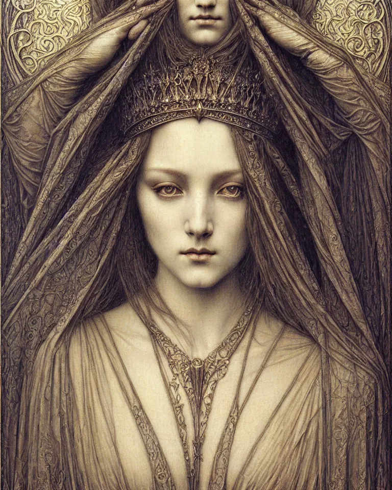 Image similar to detailed realistic beautiful young medieval queen face portrait by jean delville, gustave dore and marco mazzoni, art nouveau, symbolist, visionary, gothic, pre - raphaelite. horizontal symmetry