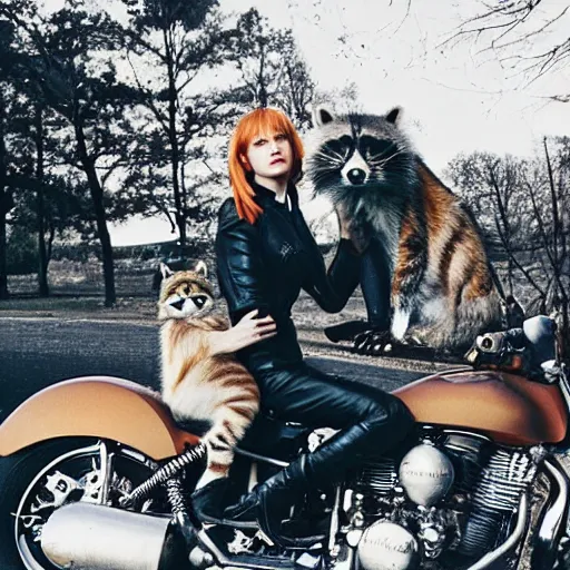 Image similar to a photo by arbus of a slender beautiful woman with straight ginger hair and bangs, wearing purple leathers and gold helmet, posing with large ginger tabby and raccoon on a motorcycle in her front yard, holding coffee mug and toasted brioche bun, fashion photography, dramatic lighting, 8 5 mm lens