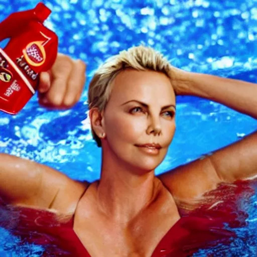 Prompt: charlize theron swimming in a pool filled with ketchup, a vat of red ketchup