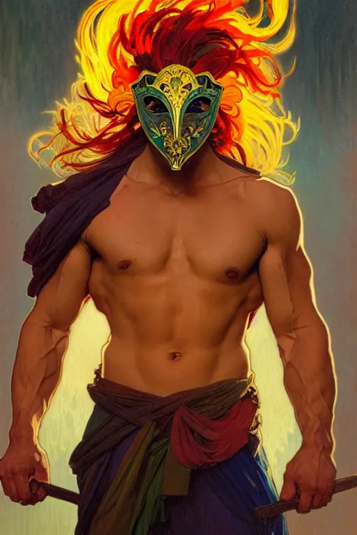 Prompt: A man wearing colorful mask, hair like fire, muscular, painting by greg rutkowski and alphonse mucha