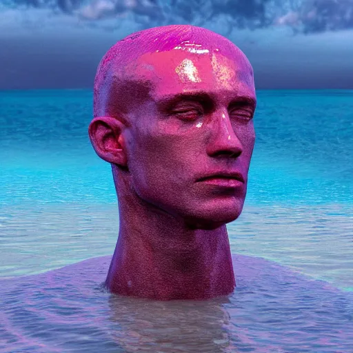 Prompt: a human head sculpture made out of juicy jelly on the ocean water, cinematic, in the style of chad knight, long shot, hyper detailed, hyper realistic, ray tracing, 8 k resolution, sharp focus, realistic water, award winning