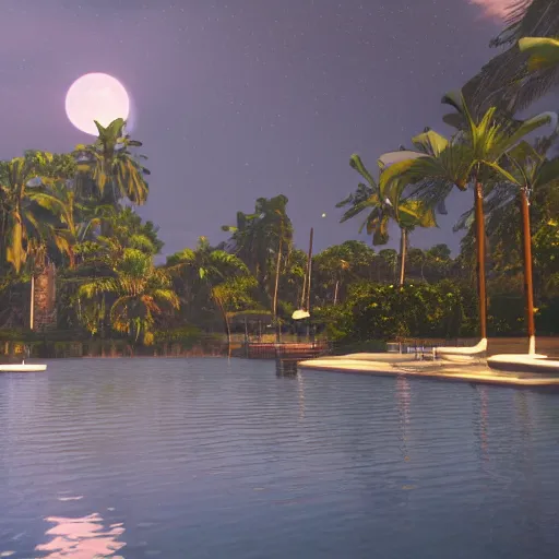 Prompt: Floating palace, moon reflecting on the water, thunderstorm, greek pool, beach and Tropical vegetation on the background major arcana sky, gta v screenshot, pc gta 5 videogame, hyperrealistic 8k, award-winning, very very very detailed