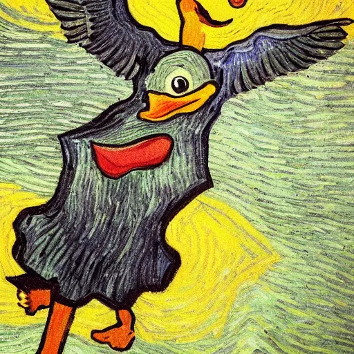 Image similar to a flying duck eating a smiling human being, van gogh style