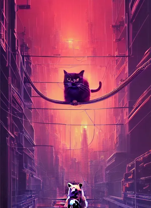 Image similar to cats cyborg inside an scifi tentacles wires futuristic city, beautiful neon cats, cinematic, highly detailed, photorealistic, rich bright colors, trending on artstation, giger, tsutomu nihei, trending on cgsociety, awe inspiring bruce pennington cityscape, digital art painting of 1 9 6 0 s