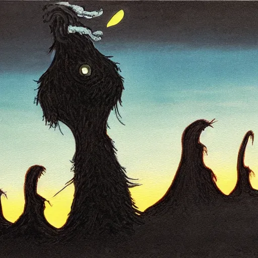 Prompt: dark emo painting of a landscape by dr seuss | horror themed | creepy