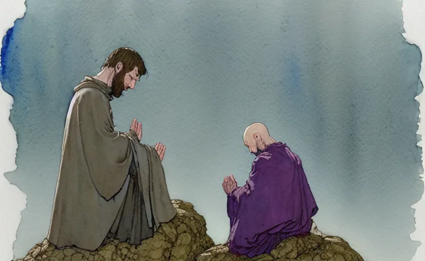 Image similar to a hyperrealist watercolour character concept art portrait of one small grey medieval monk kneeling in prayer. a giant flat rock floats in the air above him. it is a misty night. by rebecca guay, michael kaluta, charles vess and jean moebius giraud