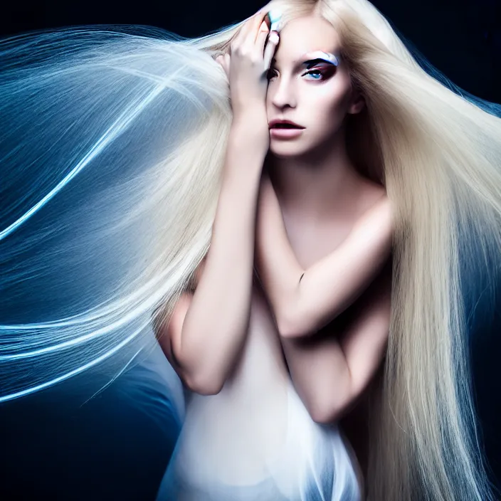 Image similar to simulating photography of a beautiful woman with long blond hair dressed in long white, fine art photography light painting in style of Paolo Roversi, professional studio lighting, volumetric lighting, dark blue background, hyper realistic photography, fashion magazine style