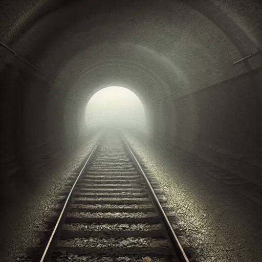 Prompt: an old train in tunnel by Aron Wiesenfeld and beksincki, cinematic, detailed illustration, nature, fog, dark colors, suspense, intricate, 8k