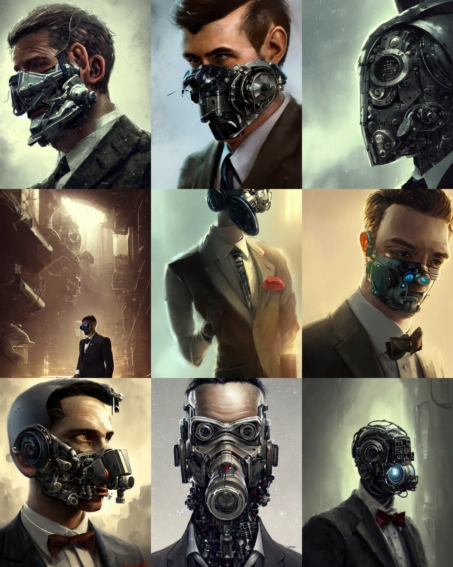 Image similar to a rugged young engineer man with cybernetic enhancements wearing a suit and bowtie, detailed face with mask, scifi character portrait by greg rutkowski, esuthio, craig mullins, 1 / 4 headshot, cinematic lighting, dystopian scifi gear, gloomy, profile picture, mechanical, half robot, implants, steampunk